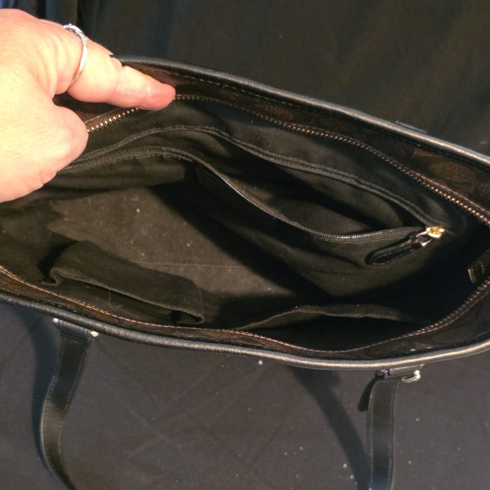 Coach Signature Brown Black Tote Shoulder Bag with Logo, Zipper, Tag - Picture 3 of 5